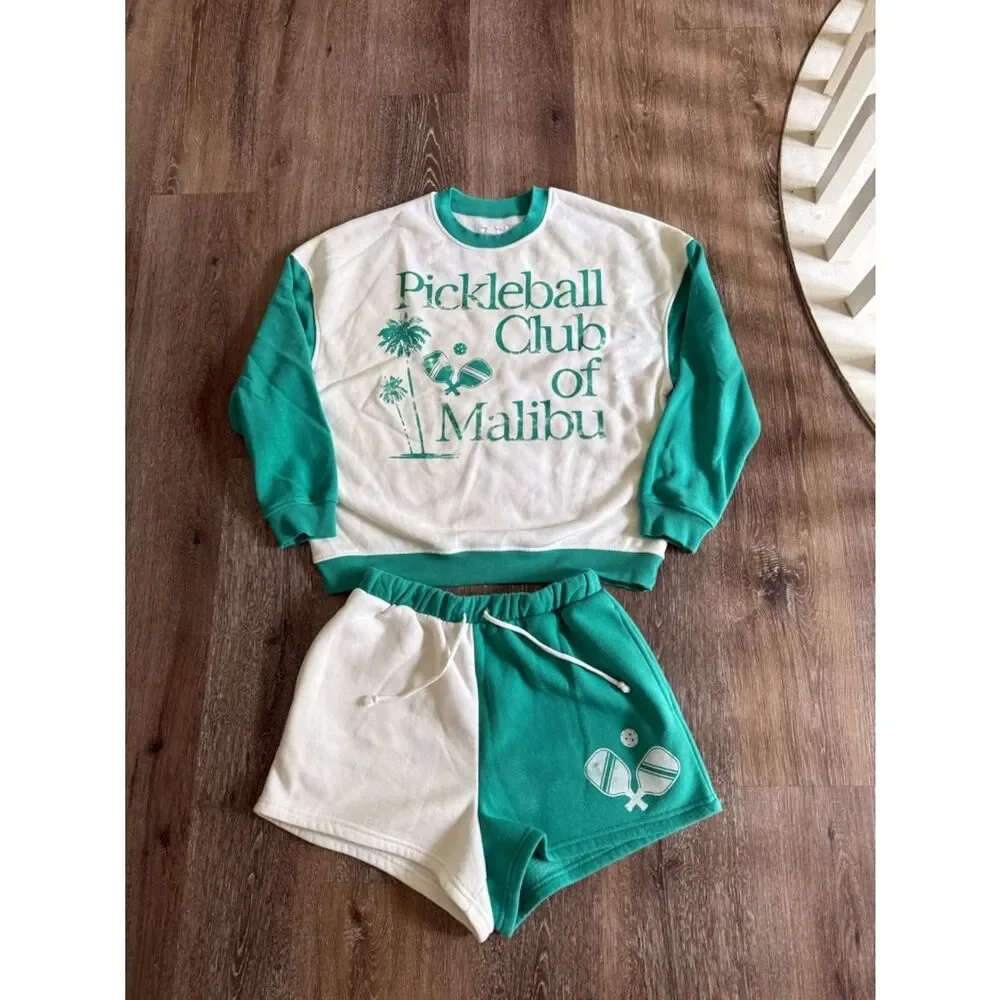 Pickleball Club of Malibu Kids Pajama Set - Teal & White Sz Medium